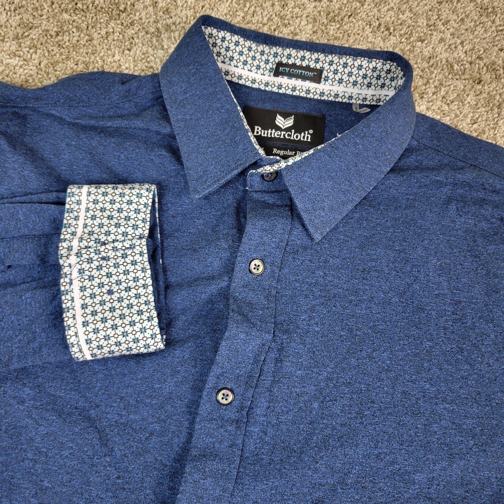 Buttercloth Icy Cotton Mens 2XL Blue Static Performance Button Up LS Flip Cuff